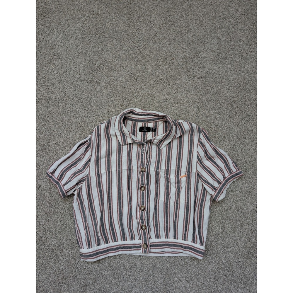 Volcom Striped Crop Button Up Shirt Womens M White Black Rust Short Sleeve Top